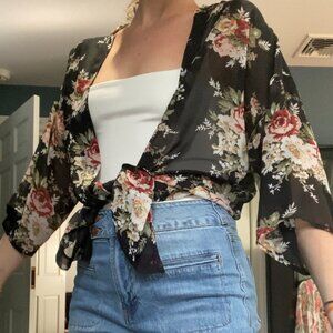 Sheer Floral Kimono-Like Cover Up